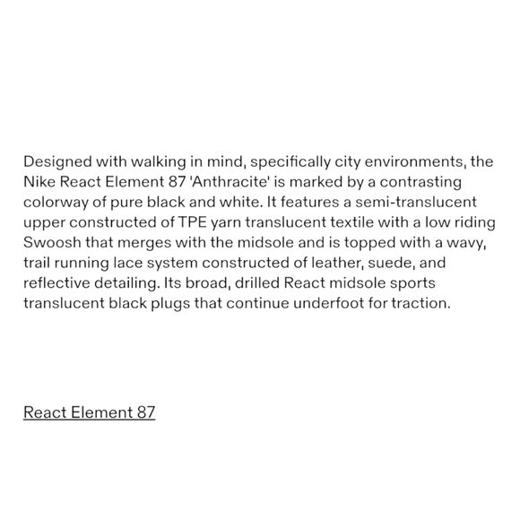 NIKE React Element 87 Black Anthracite/Gray Walking Performance Sneakers W7.5 M6 - Picture 12 of 12